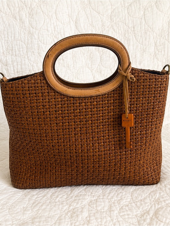 Fossil Handbags - Fossil Woven Leather Tote Bag Brown Top Handle Satchel Crossbody Summer